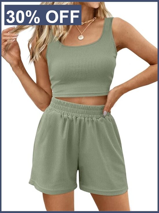 Pants - Two Piece Lounge Set Sleeveless Crop Top High Waisted Shorts